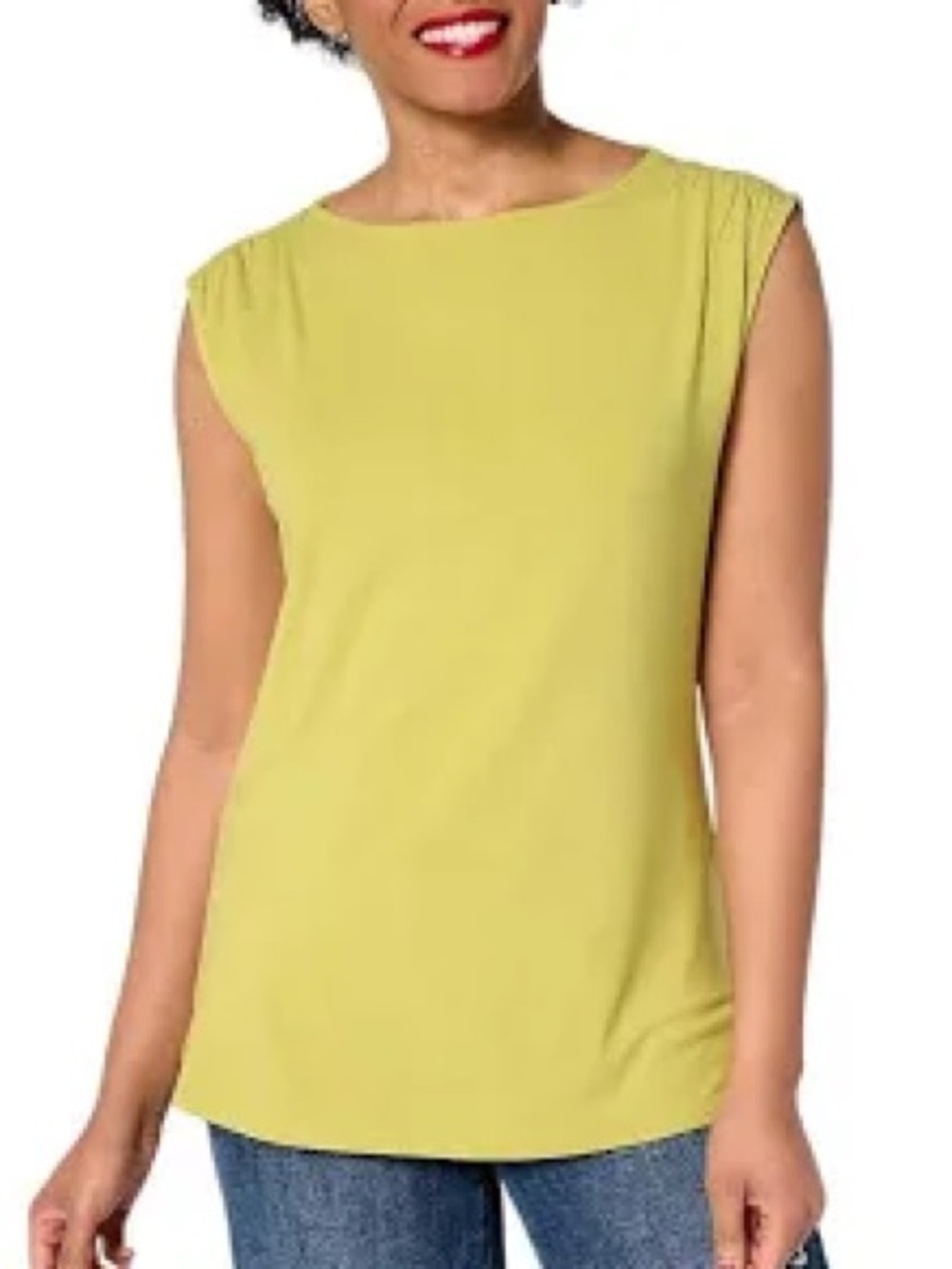 Boatneck Sleeveless Refined Kint Gathered Shoulder Moss